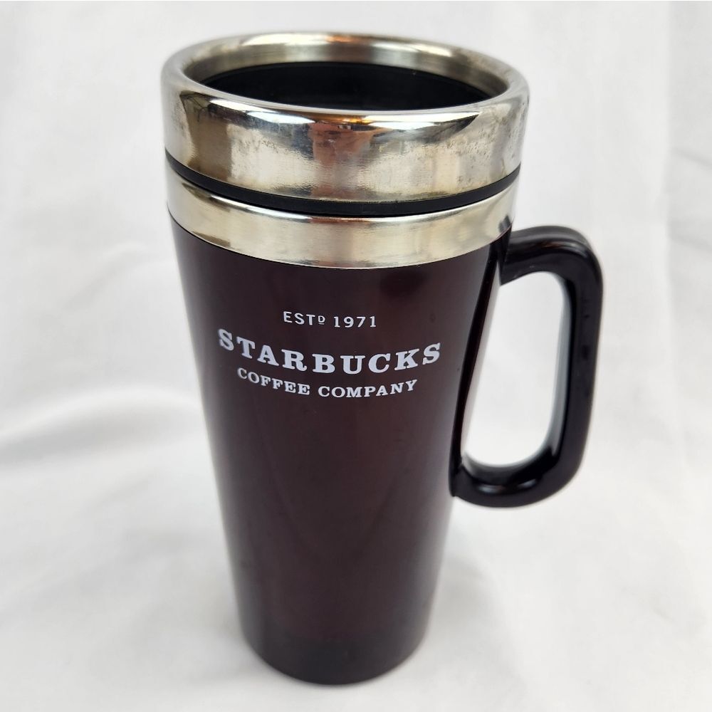 ☕️Vintage Starbucks Raspberry & Stainless Steel 16oz Travel Tumbler w/Handle